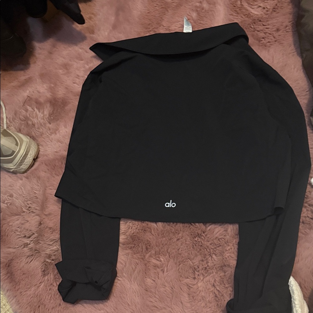 Alo Black Long Sleeve button up open Top with collar